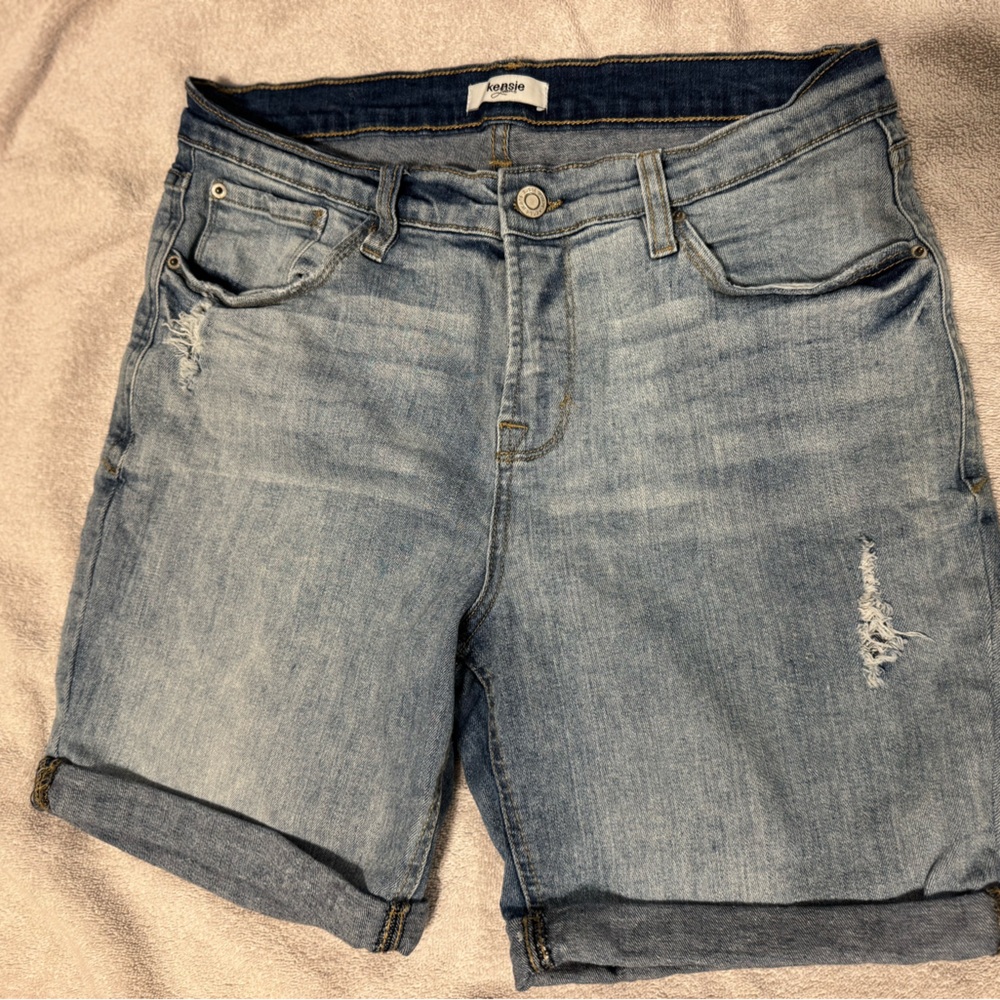 Kensie Blue Jean Shorts with Distressed Look